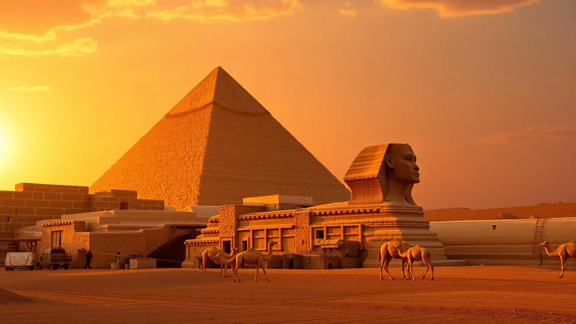 Pyramids of Giza and the Sphinx at golden sunset