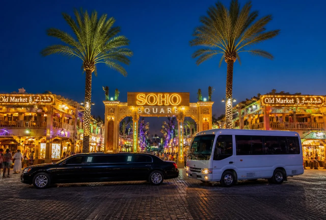 Soho Square and Old Market in Sharm El Sheikh at night with a minibus and limousine