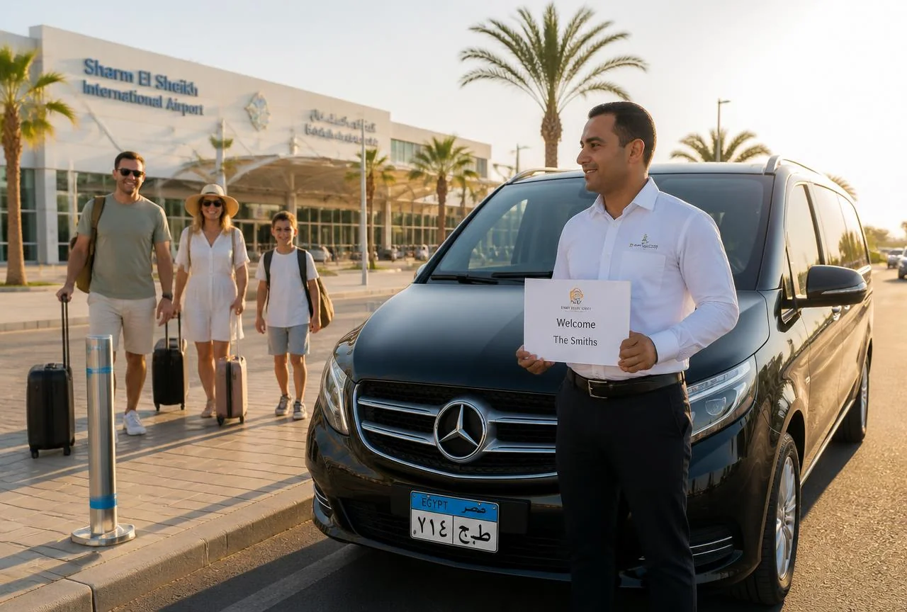 Luxury Red Sea Tours driver welcoming a guest with a name sign next to the car at Sharm El Sheikh airport