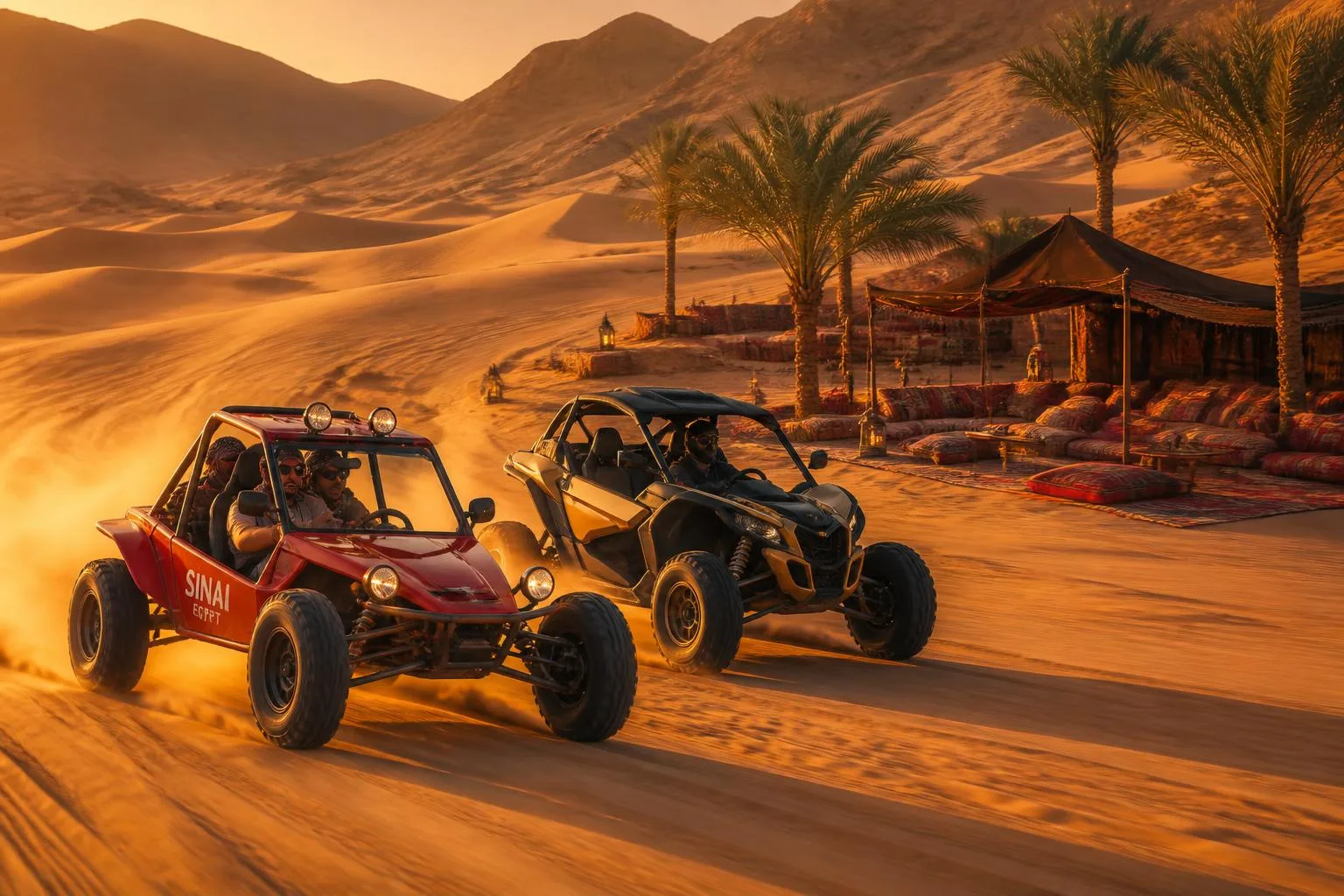 Beach buggy and dune car safari with Bedouin sitting area in the Sinai desert